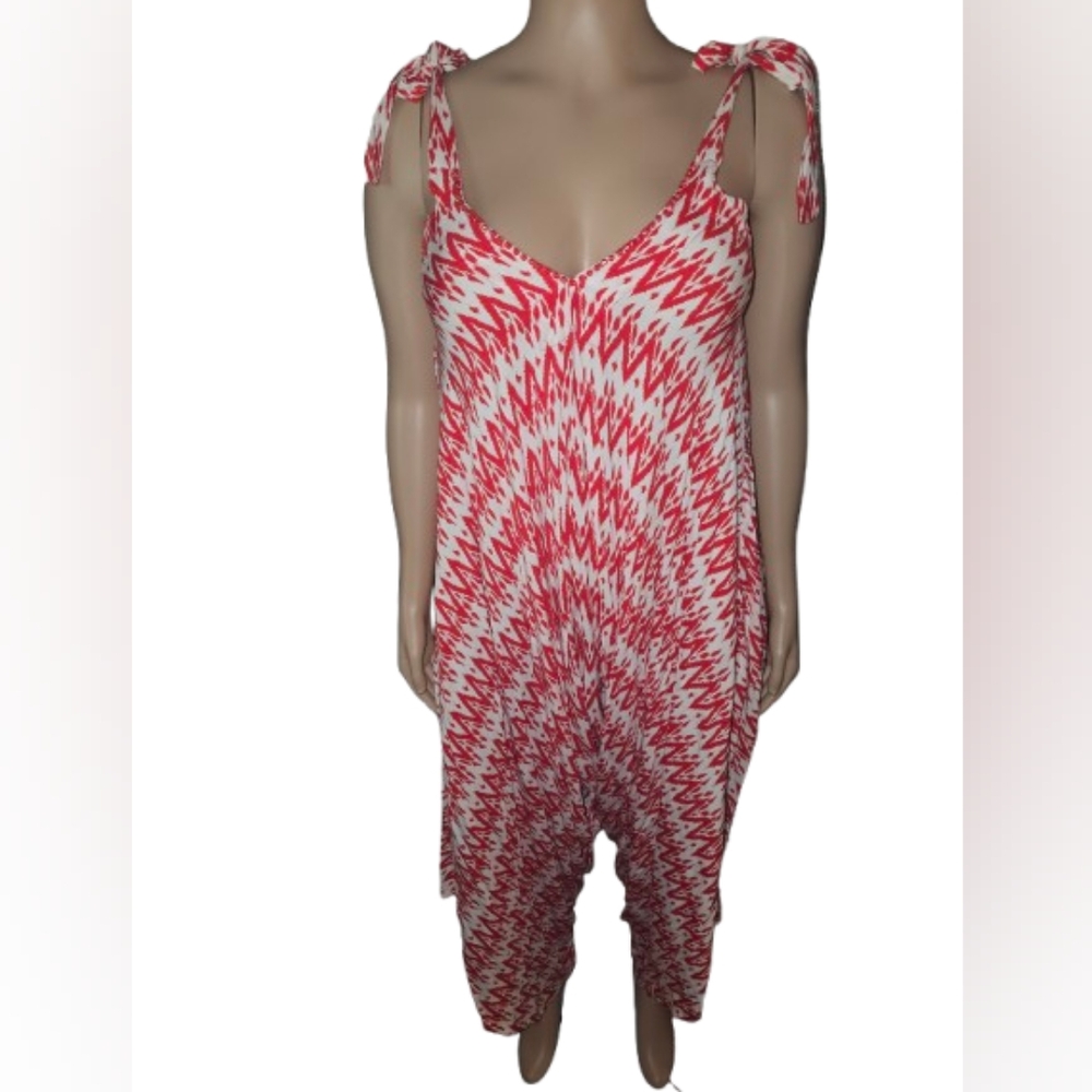 Red and White Zigzag Sleeveless Parachute Jumpsuit L